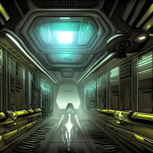 Prompt: a xenomorph crawling in a spaceship corridor, dark light, highly detailed digital art