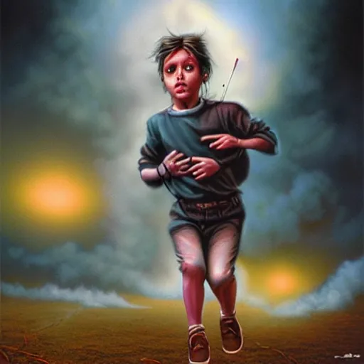 Prompt: a running child disappearing into vapor, mist, smoke, blood, scissors in hand, a detailed matte painting by Jason Edmiston