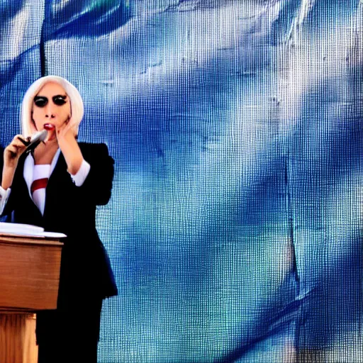 Image similar to Lady Gaga as president, Argentina presidential rally, Argentine flags behind, bokeh, giving a speech, detailed face, Argentina