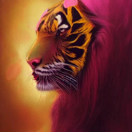 Prompt: side portrait of a beautiful Desi queen of tigers, pink and gold, by Anato Finnstark, Tom Bagshaw, Brom