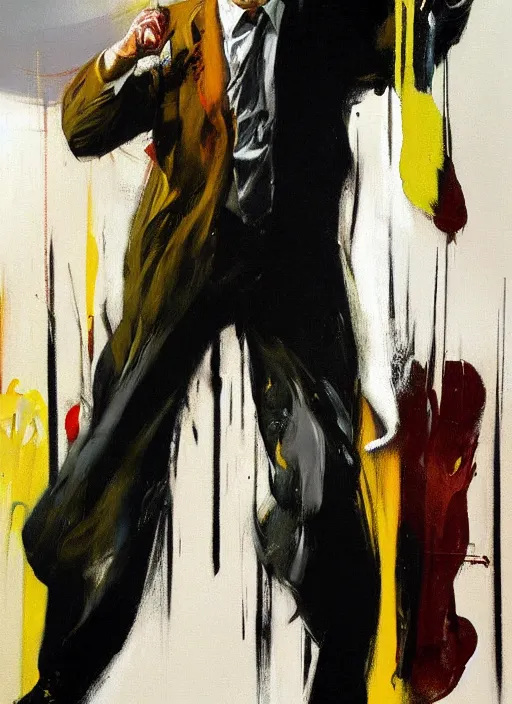 Prompt: saul goodman, screaming, painting by phil hale, sir francis bacon,'action lines '!!!, graphic style, visible brushstrokes, motion blur, blurry