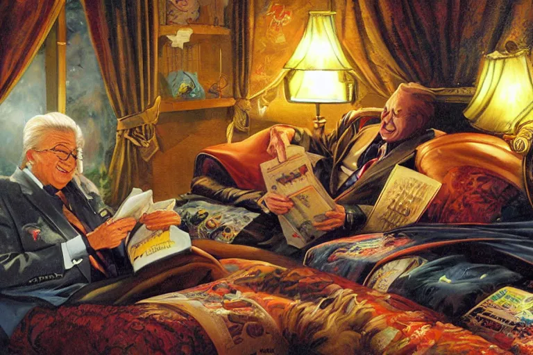 Prompt: portrait of rod roddy reading a bedtime story to bob barker in bed, an oil painting by ross tran and thomas kincade