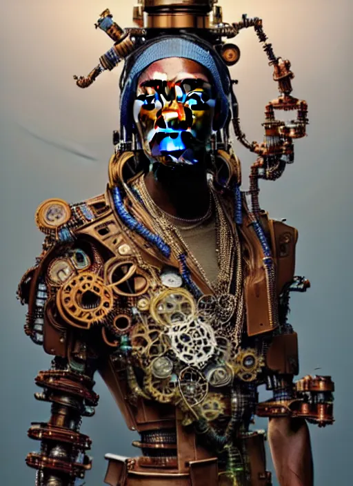 Prompt: portrait of snoop dogg, robot steampunk, floral! horizon zero dawn machine, intricate, elegant, highly detailed, ray tracing, digital painting, artstation, concept art, smooth, sharp focus, illustration, art by artgerm and greg rutkowski and alphonse mucha, 8 k