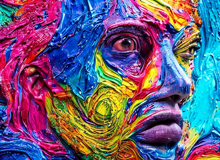 Image similar to still shot close up footage of a human head made of acrylic pour and splashing paint and dripping paint, thick impasto paint, embossed paint, big flying chunks of paint, motion blur, hyperrealistic, medical, intricate art photography, anatomically correct, realistic crisp textures, 1 6 k