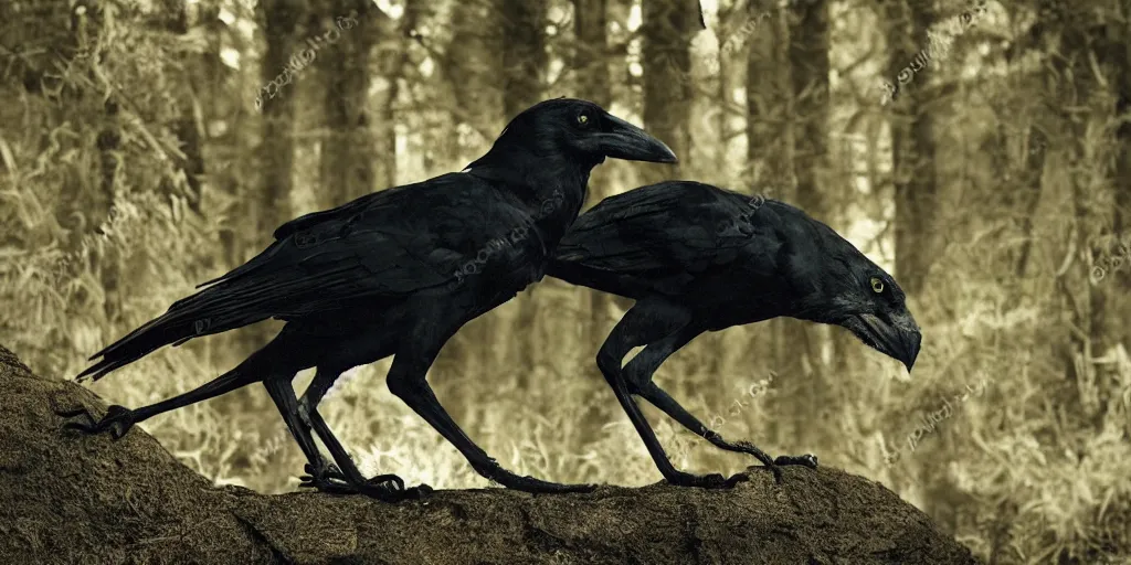 Image similar to mixture between an!! crow and! wolf, photograph captured in a dark forest