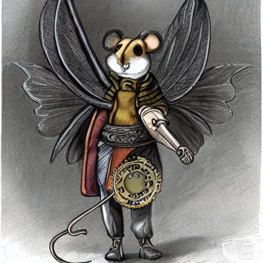 Prompt: a mouse with clockwork wings, fantasy illustration