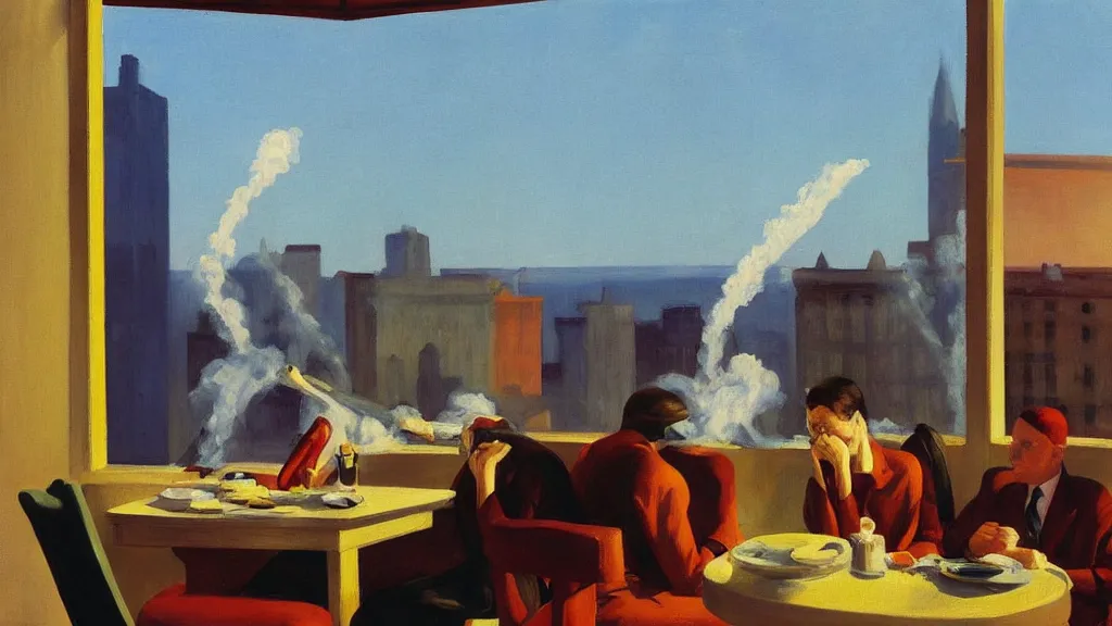 Prompt: 911 terrorist attacks with a plane, explosion and smoke, as seen from the window of a luxury hotel while a couple eats breakfast, by Edward Hopper, high-resolution painting