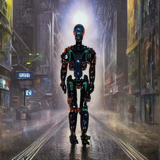 Image similar to humanoid cyborg sci - fi liquid man walks through the center of a city, extremely detailed oil painting, 1 9 2 0's colored pencil, highly detailed, highly accurate, deep aesthetic, 8 k, highly ornate intricate details, cinematic lighting, rich colors, beautiful scenic view, ray tracing, hyperrealistic, photorealistic, cinematic landscape, trending on artstation, concept art,