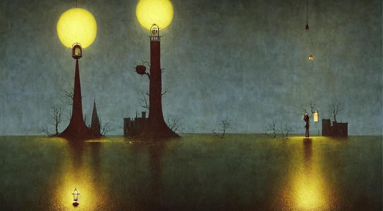 Image similar to single flooded simple!! lamp tower, very coherent and colorful high contrast masterpiece by norman rockwell franz sedlacek hieronymus bosch dean ellis simon stalenhag rene magritte gediminas pranckevicius, dark shadows, sunny day, hard lighting