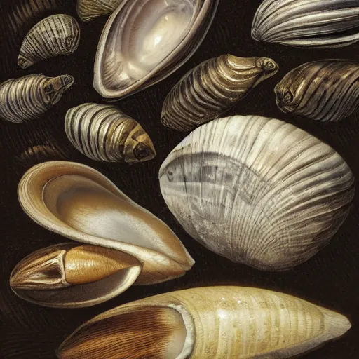 Prompt: bivalve, sea shell, mystery of the deep, quahogs. greg rutkowski, gustavo dore, national geographic, spiral, mollusc.