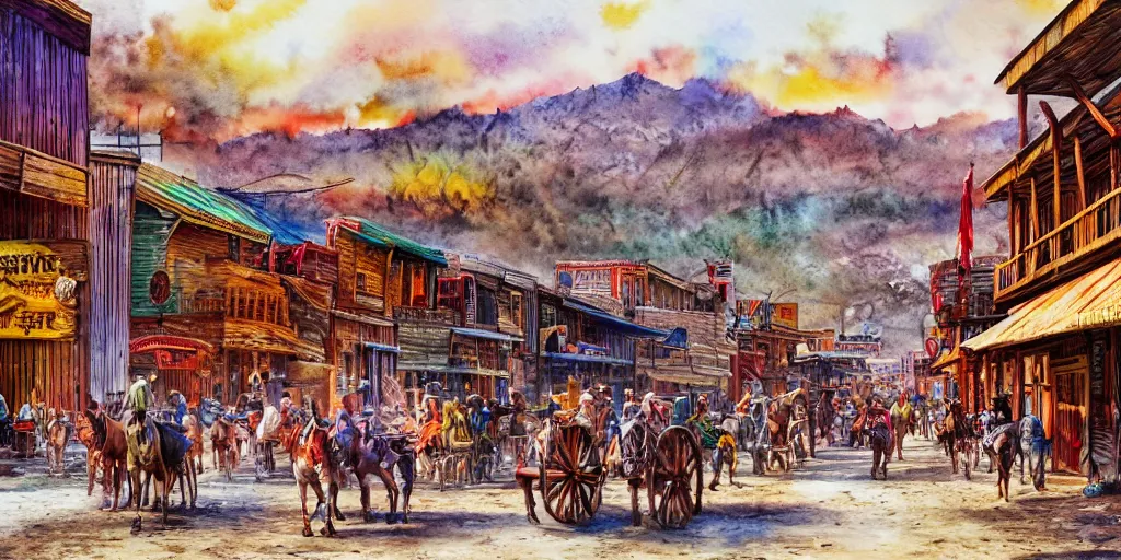 a busy main street in the old west with the banker 