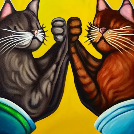 Prompt: a painting of two cats fist bumping each other, there is an explosion behind them