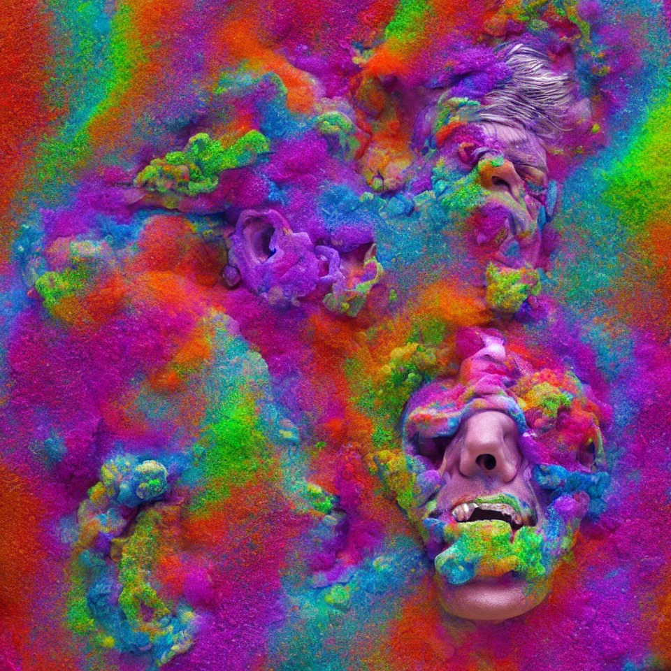 Prompt: insides of a human head explode outward as a huge mass of coloured powder, motion blur, hyperrealistic, medical photography, anatomically correct, realistic crisp textures, 8 k, art by lee griggs,