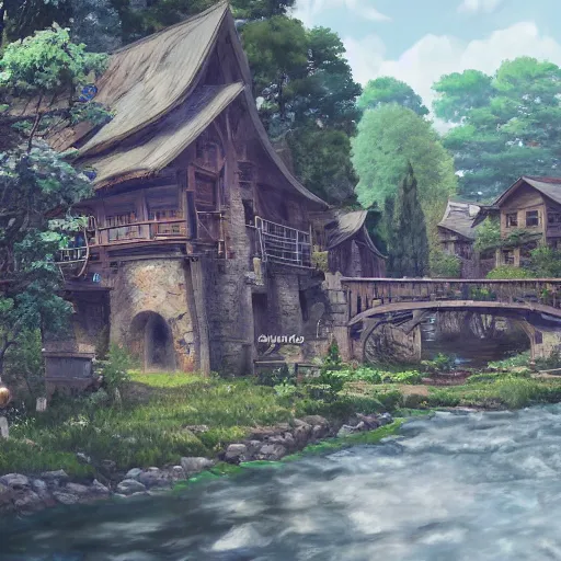 Prompt: concept art painting of a historic mill with european and japanese architecture, by a river, in a woodland village surrounded by trees and mountains, realistic, detailed, cel shaded, in the style of makoto shinkai and greg rutkowski and james gurney