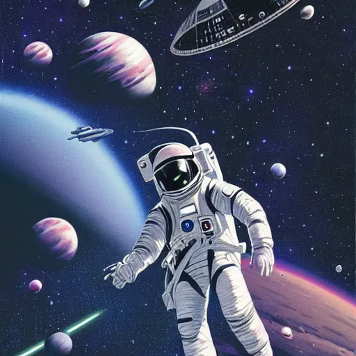 Image similar to detailed illustration of a black astronaut space walking, planets behind, nebulas, dynamic lighting, 8 k, star wars, art by moebius, ayami kojima