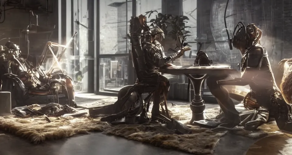 Image similar to impressive small close cinematography scene featuring bio - punk aesthetic furniture. close shot of two characters discussing an important topic. film still from the new live - action adventure movie. special effects from the studios called industrial light & magic, weta.