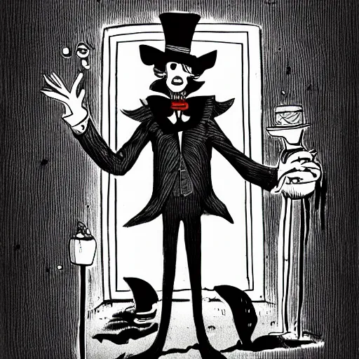 Image similar to a Pop Wonder scary horror themed goofy-hilarious-character Mad-Hatter-babadook-wearing a scarf, 3-piece-suit, dime-store-comic drawn with charcoal and pen and ink, half-tone-line-stacking