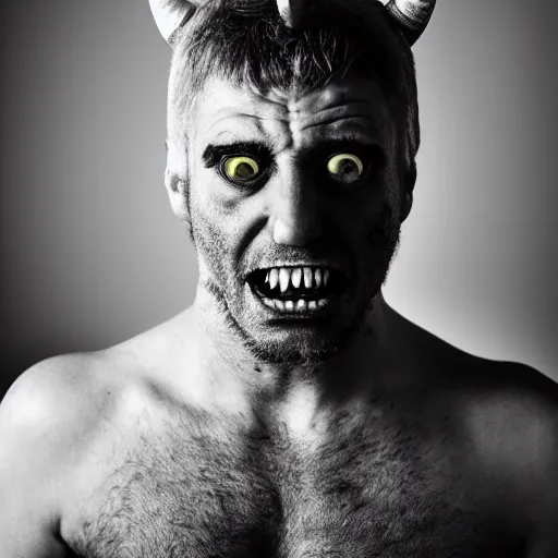 Image similar to a man with horns growing from his head. glowing eyes and sharp teeth. black and white 1 9 8 0 s portrait photography, studio lighting, cinematic, chilling 4 k