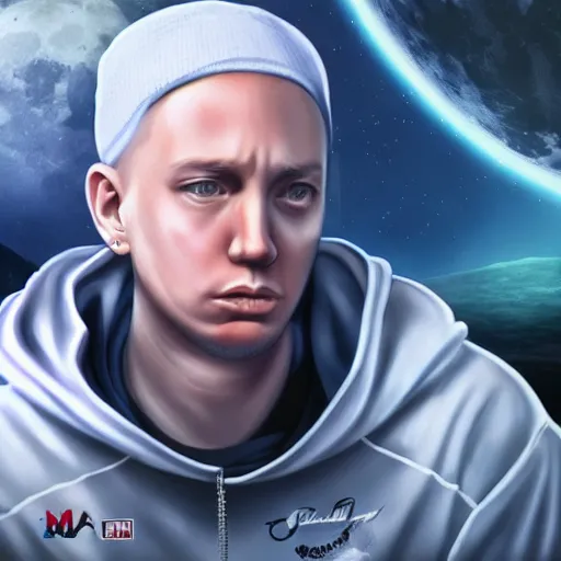 Image similar to eminem, on the moon, trending on artstation, anime style 4 k