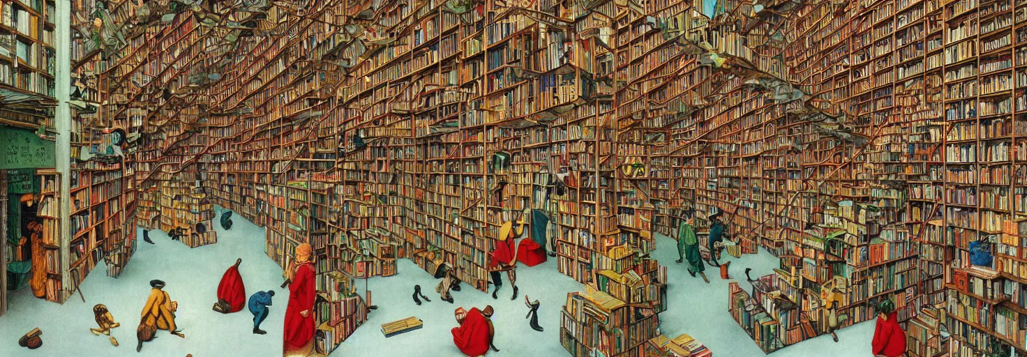 Image similar to a book store, customers are rabbit, by m. c. escher, yellow, green, red, snowy, ultra sharp, ultra detailed, happy, uplifting, colorized by salvador dali