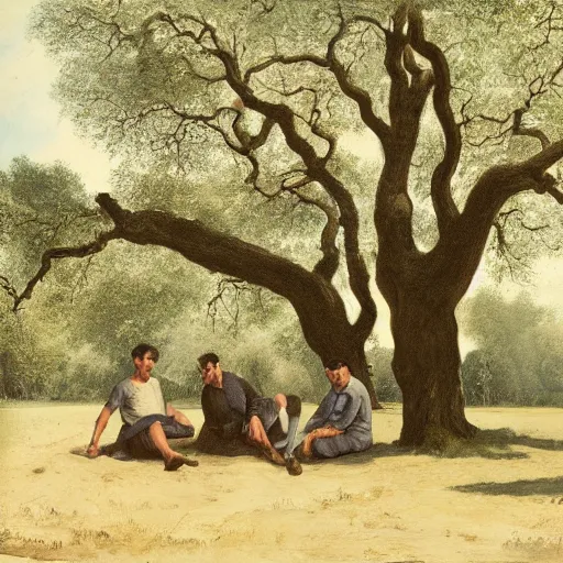 Image similar to 4 men resting by an oak tree