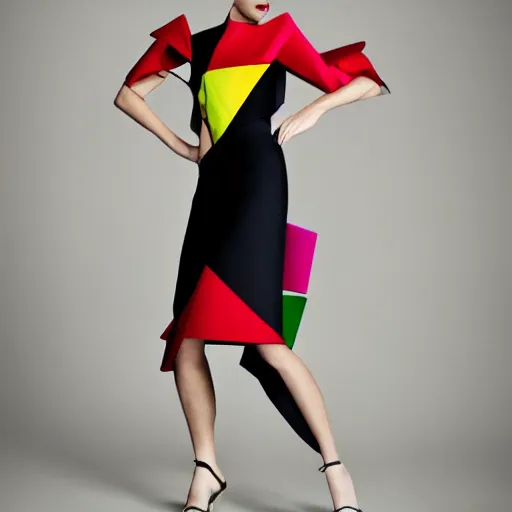 Image similar to a model dressed in an avant garde colorful haute couture dress, angular minimalism, vogue full color editorial photo, sharp focus dynamic light