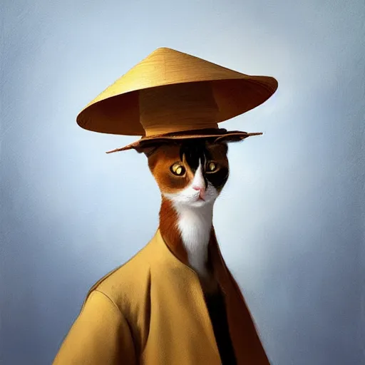 Image similar to A portrait of a cat wearing a small vietnamese straw hat, artwork by Sergey Kolesov