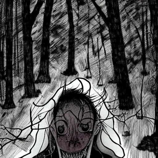 Image similar to in the style of sui ishida, junji ito, rafael albuquerque, shinsui ito, transparent ghost screaming, in the woods, moody lighting