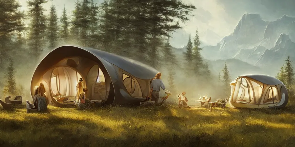 Image similar to cabela's tent futuristic pop up family pod, cabin, modular, person in foreground, mountainous forested wilderness open fields, beautiful views, painterly concept art, joanna gaines, environmental concept art, farmhouse, magnolia, concept art illustration by ross tran, by james gurney, by craig mullins, by greg rutkowski trending on artstation