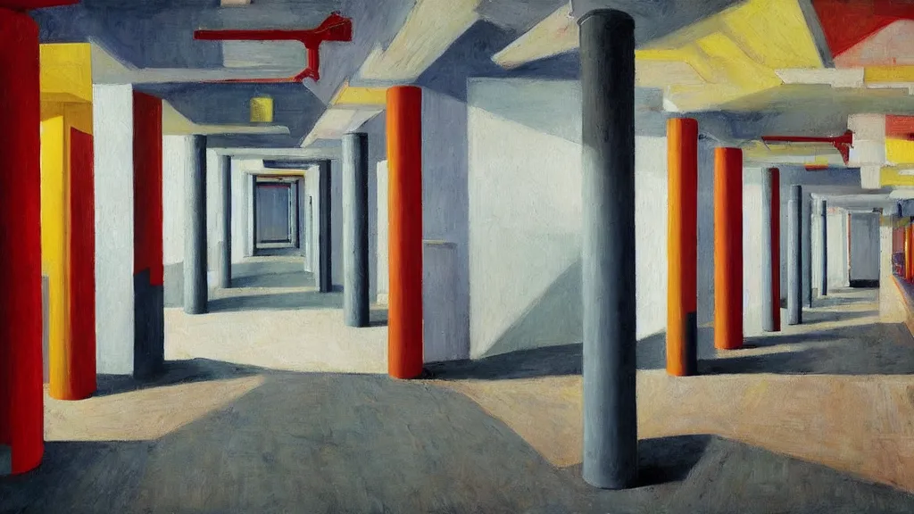 Image similar to colorful minimalist industrial interior hallway with monolithic pillars in the style of ridley scott and stanley kubrick, impossible stijl architecture, bed of flowers on floor, ultra wide angle view, realistic detailed painting by edward hopper