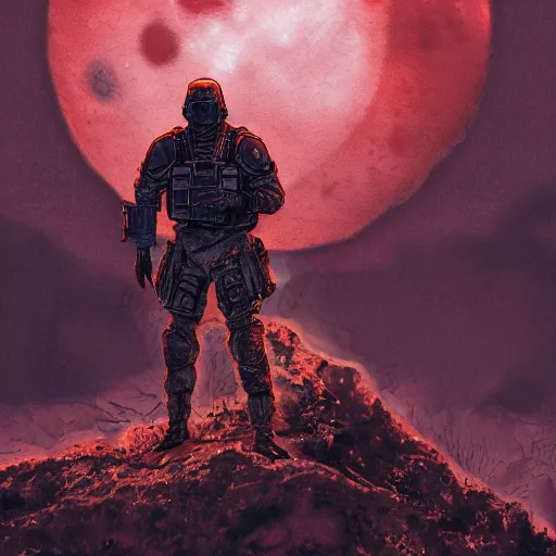 Image similar to photorealistic watercolor painting of an armored man standing before a veiny blood moon. hyperdetailed photorealism, 1 0 8 megapixels, amazing depth, high resolution, 3 d shading, 3 d finalrender, 3 d cinematic lighting, glowing rich colors, psychedelic overtones, artstation concept art.