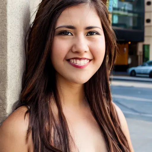 Image similar to photo of a beautiful, attractive brown hair woman, wearing a sundress, in downtown Los Angeles