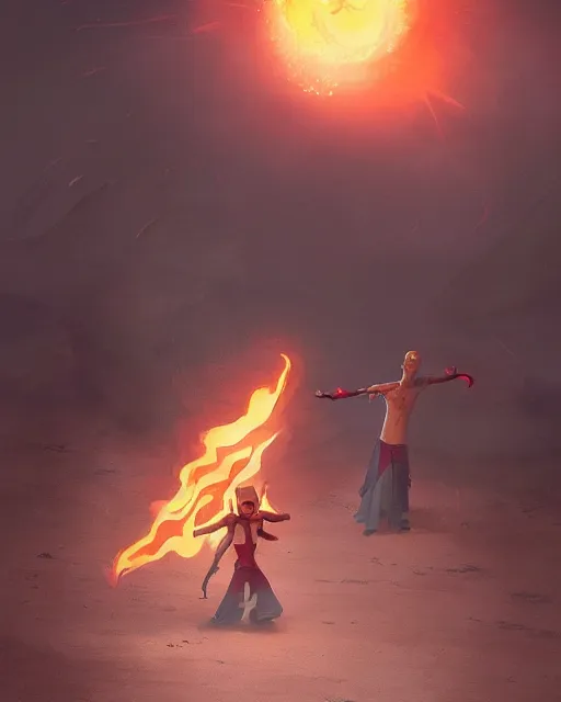 Prompt: longnose squidward wearing fire nation clothing and practicing firebending outside at susnset, [ greg rutkowski ]