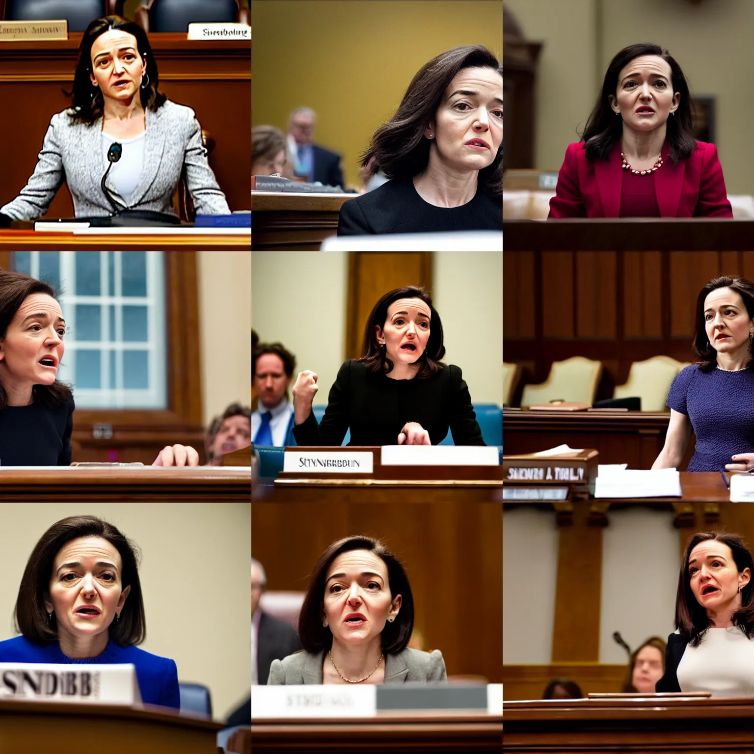 Prompt: Movie still of a snarling, contemptuous Sheryl Sandberg testifying in Congress in Facebook The Movie (2017), directed by Steven Spielberg