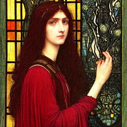 Image similar to Symmetric Pre-Raphaelite painting of a beautiful mystic woman with dark hair in a very detailed silk dark red dress by John William Waterhouse,, surrounded by a dark gothic frame of highly detailed mathematical drawings of neural networks and geometry by Doré , highly detailed mathematical drawings of geometry