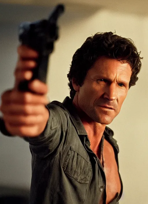 Image similar to film still of Todd Howard as Martin Riggs in Lethal Weapon, 4k