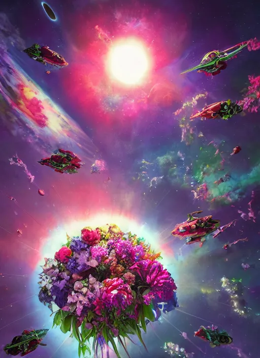 Image similar to An epic fantastic realism comic book style painting of the most beautiful flowers launched into space, bouquets, glorious galactic collision, sharp focus, fisheye, unreal 5, DAZ, hyperrealistic, octane render, dynamic lighting