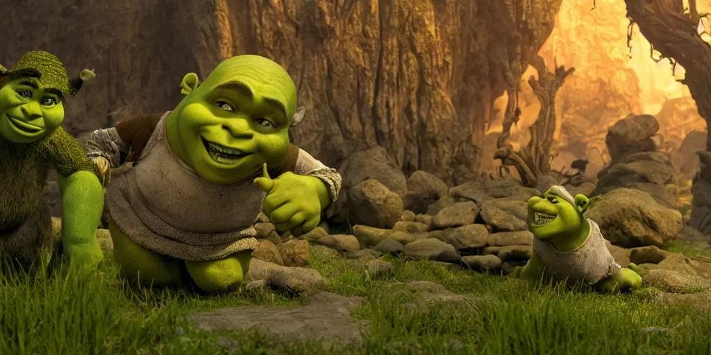 Image similar to shrek versus god, marble, realistic 4 k octane beautifully detailed render, 4 k post - processing, highly detailed, intricate complexity, epic composition, magical atmosphere, cinematic lighting, masterpiece, ultra hd