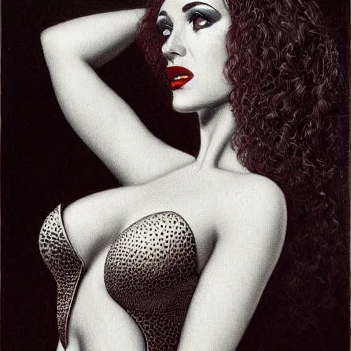 Image similar to a hyperrealistic portrait painting of a beautiful female vampire, by virgil finlay, highly detailed,