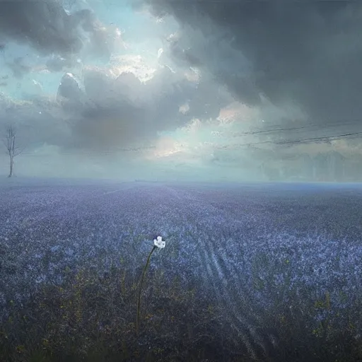 Prompt: Single blue magical flower growing on an ashen field, apocalyptik city, flower, clouded sky, oil painting, by Greg Rutkowski