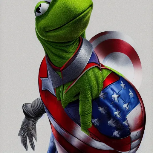 Prompt: Kermit the Frog is Captain America hyperdetailed, artstation, cgsociety, 8k