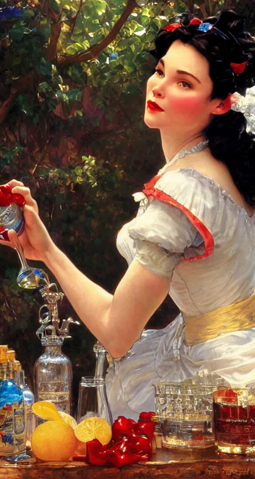 Image similar to close up of snow white pouring a drink, sun shining, photo realistic illustration by greg rutkowski, thomas kindkade, alphonse mucha, loish, norman rockwell.