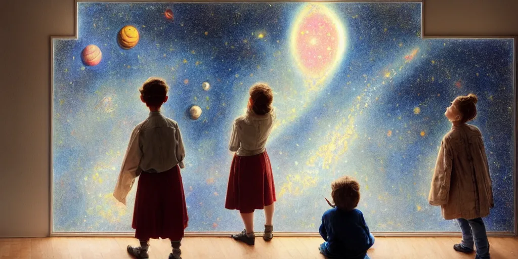 Image similar to one 5 year old boy and one 1 2 year old girl looking at the wall of their bedroom and seeing the universe full of galaxies and planets, imagination, part by norman rockwell, part by greg rutkowski, part by mattias adolfsson, high angle, ( ( ( ( volumetric lighting ) ) ) ), oil on canvas