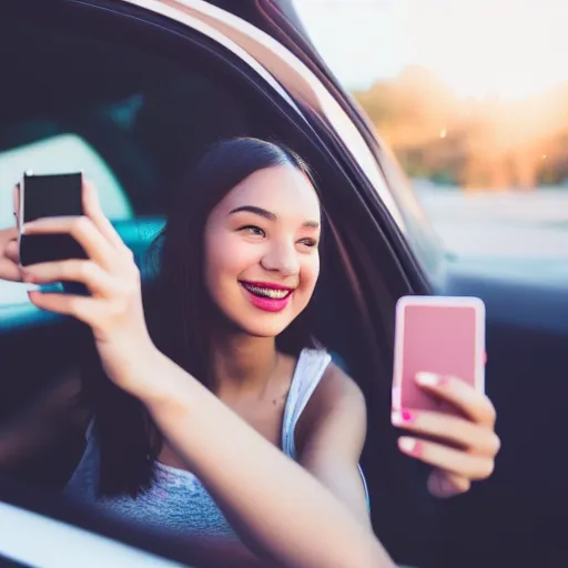 Image similar to a beautiful cute young woman takes a photo of herself, sitting in her car, flushed face, red blush, light freckles, big puffy lips, smiling softly, soft features, 8 k, sharp focus, instagram, portra 4 0 0