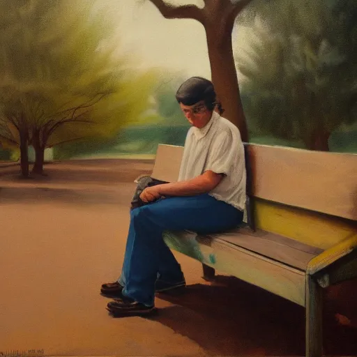 Prompt: a painting of a person sitting on a bench, a photorealistic painting by richard hamilton, behance contest winner, american scene painting, matte drawing, dystopian art, oil on canvas