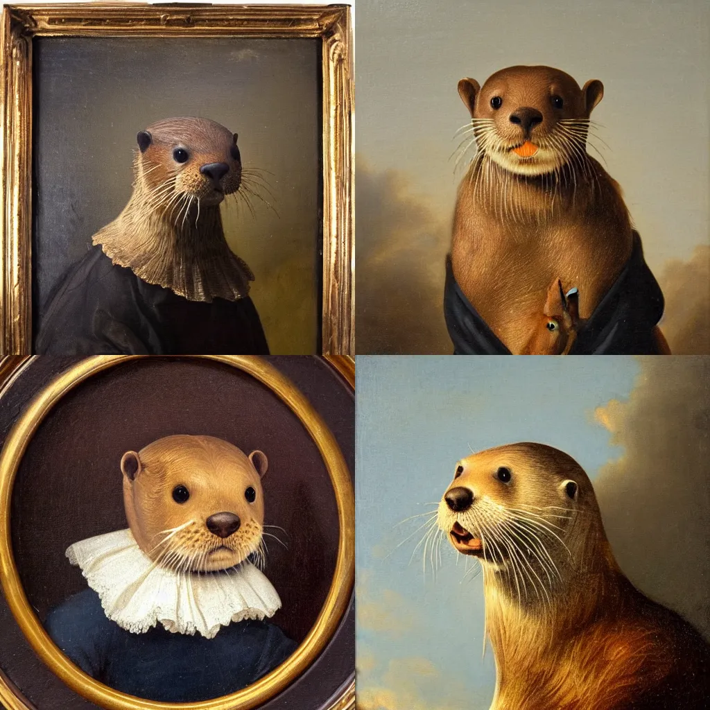 Prompt: full - frame dutch golden age oil painting portrait of an otter wearing a ruff collar, warm lighting, chiaroscuro