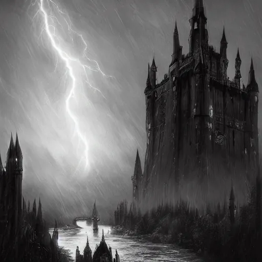 Image similar to an ultra detailed black and white tarot card of a lonely and impossibly tall ominous gothic dark citadel tower of the evil patriarch, in the style of magic the gathering, in a river elevated high above the city, gaslight fantasy capital city, ultrawide lense, aerial photography, scary thunderstorm, exquisite detail, 8 k, art by greg rutkowski and alphonse mucha