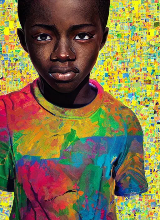 Image similar to colourful upper half portrait of an african boy - art by aya takano, magazine collage, highly detailed, digital painting, illustration, smooth, sharp focus, intricate, clustered, busy, pinterest, behance,