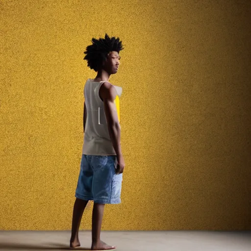 Image similar to black teenage boy with a long nose wearing a white tank top, walking in a nostalgic room with yellow walls and brown carpet