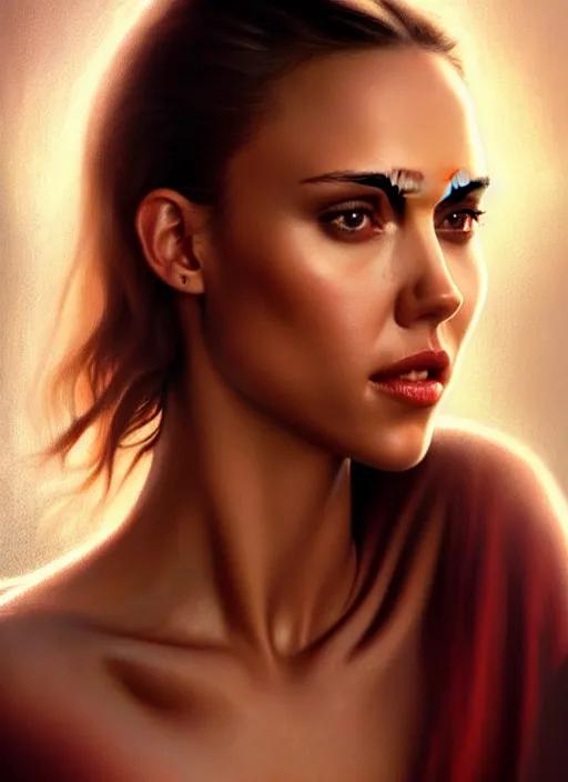 Prompt: half Jessica Alba half Nathalie Portman half scarlett johansonna pure seductive angel, full body portrait, slight smile, diffuse natural sun lights, autumn lights, highly detailed, digital painting, artstation, concept art, sharp focus, illustration, art by wlop and greg rutkowski and alphonse mucha and artgerm